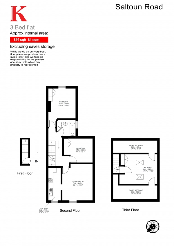 Floor Plan Image for 3 Bedroom Flat for Sale in Saltoun Road, London, London SW2