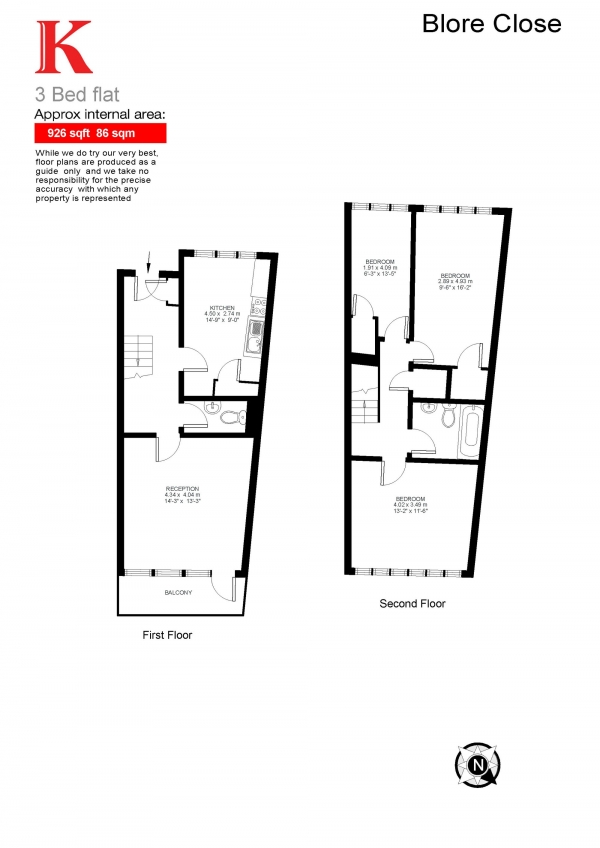Floor Plan Image for 3 Bedroom Flat for Sale in Blore Close, Clapham, London SW8