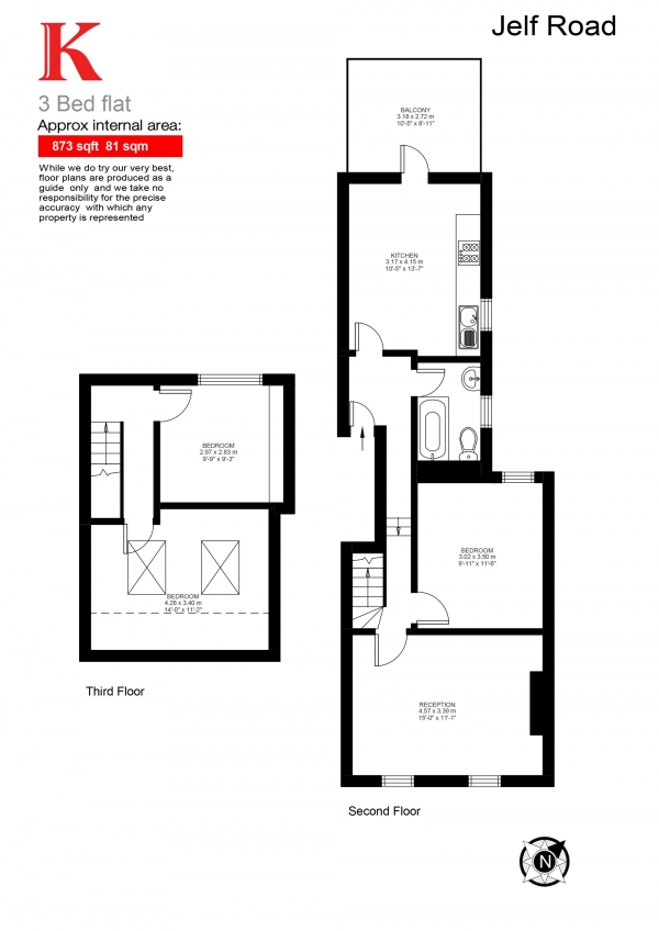Floor Plan Image for 3 Bedroom Flat to Rent in Jelf Road, Brixton, London SW2