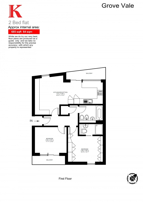 Floor Plan Image for 2 Bedroom Flat for Sale in Grove Vale, London, London SE22