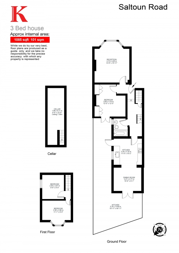 Floor Plan Image for 3 Bedroom Flat for Sale in Saltoun Road, London, London SW2