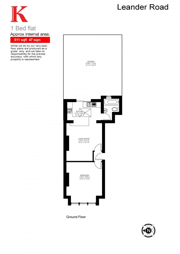 Floor Plan for 1 Bedroom Flat for Sale in Leander Road, London, London SW2, London, SW2, 2NB -  &pound435,000