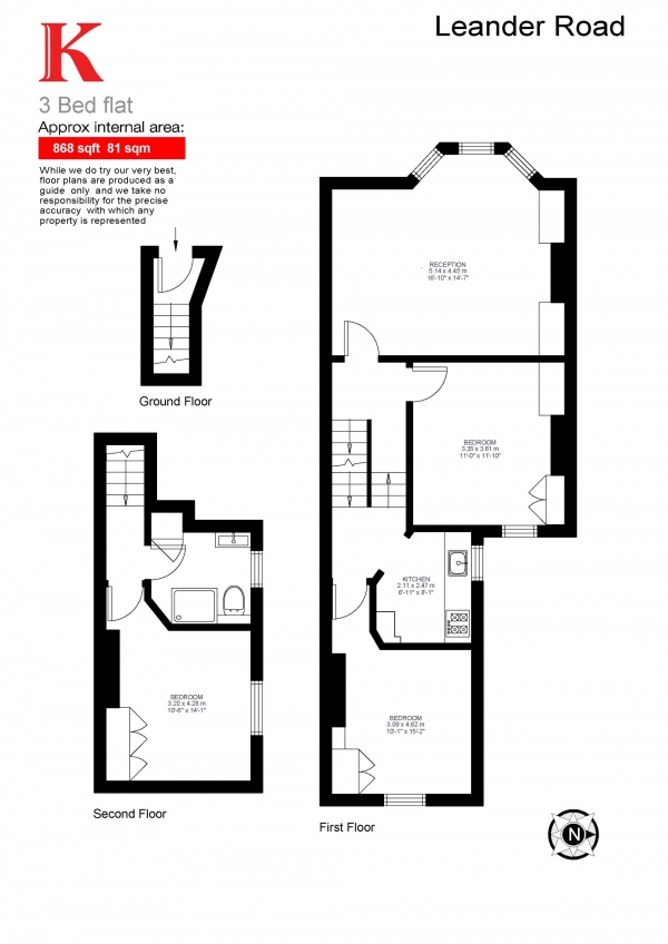 Floor Plan for 3 Bedroom Flat for Sale in Leander Road, Brixton, London SW2, Brixton, SW2, 2LJ -  &pound599,950