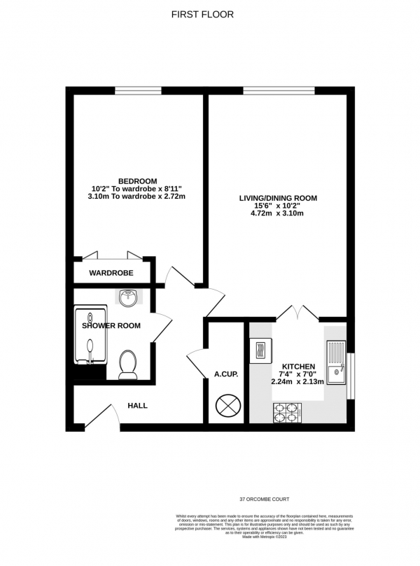 Floor Plan for 1 Bedroom Retirement Property for Sale in Orcombe Court, Exmouth, EX8, 2ET - Guide Price &pound85,000