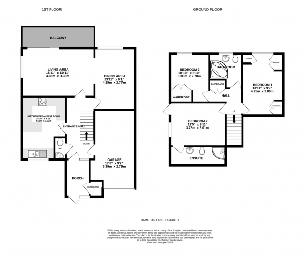 Floor Plan for 3 Bedroom Detached House for Sale in Hamilton Lane, Exmouth, EX8, 2JT - Offers in Excess of &pound450,000