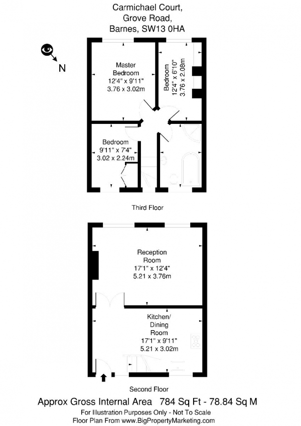 Floor Plan Image for 3 Bedroom Flat to Rent in Flat , Carmichael Court, Grove Road, London