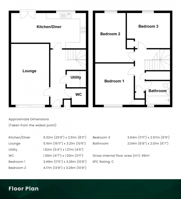 Floor Plan Image for 3 Bedroom Terraced House for Sale in Seggarsdean Park, Haddington, East Lothian, EH41 4NB