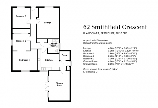 Floor Plan for 2 Bedroom Bungalow for Sale in Smithfield Crescent, Blairgowrie, Perthshire, PH10 6UE, PH10, 6UE - Fixed Price &pound215,000