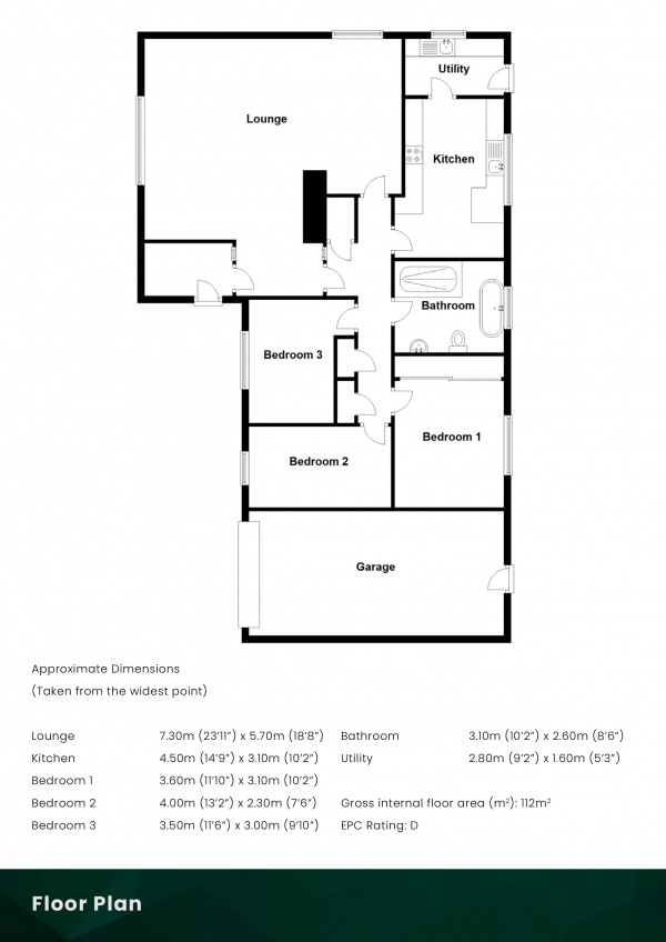 Floor Plan for 3 Bedroom Bungalow for Sale in Westfield Loan, Forfar, Angus, DD8 1JN, DD8, 1JN - Offers Over &pound245,000
