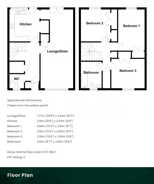 Floor Plan for 3 Bedroom Terraced House for Sale in Beech Place, Eliburn, Livingston, West Lothian, EH54 6RD, EH54, 6RD - Offers Over &pound165,000