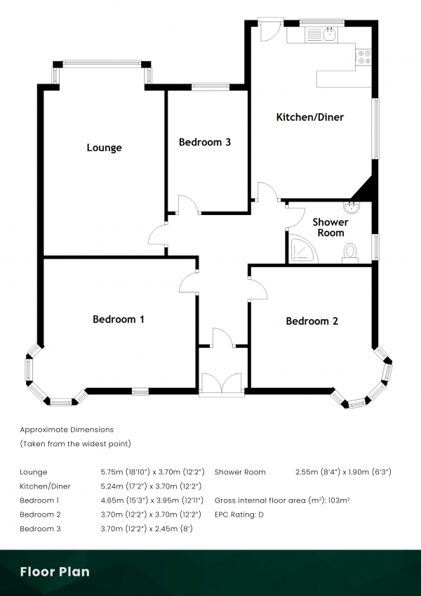 Floor Plan for 3 Bedroom Bungalow for Sale in Henderland Road, Bearsden, Glasgow, G61 1JG, G61, 1JG - Offers Over &pound424,995