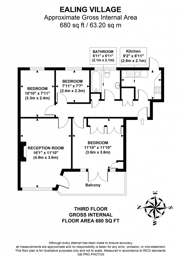 Floor Plan Image for 3 Bedroom Apartment to Rent in Ealing Village W5