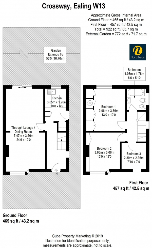 Floor Plan for 3 Bedroom Semi-detached Villa for Sale in Crossway, W13, W13, 0AX -  &pound630,000