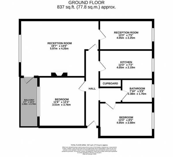 Floor Plan for 2 Bedroom Flat for Sale in Greenmeadow Court, Pendwyallt Road, Cardiff, CF14 7EH, Cardiff, CF14, 7EH -  &pound185,000