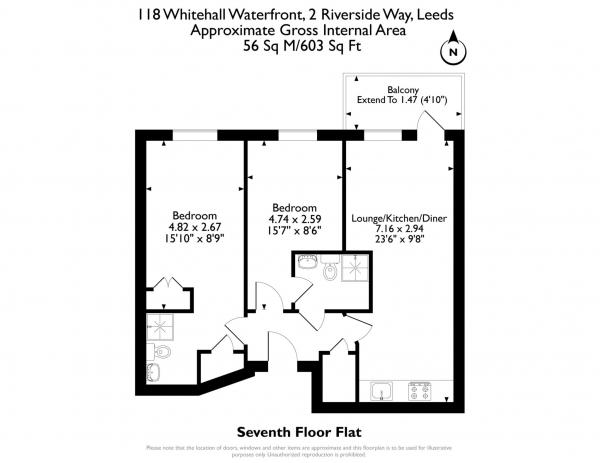 Floor Plan Image for 2 Bedroom Apartment to Rent in Riverside Way, Leeds