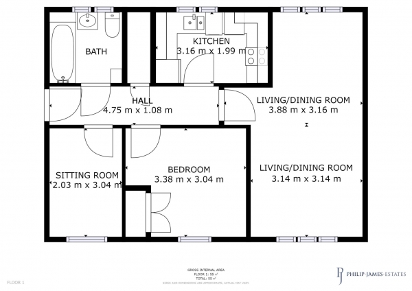 Floor Plan Image for 2 Bedroom Flat to Rent in The Yard, Braintree