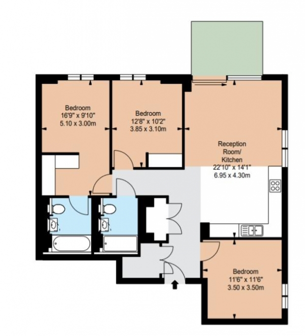 Floor Plan Image for 3 Bedroom Apartment to Rent in Garrett Mansions, London