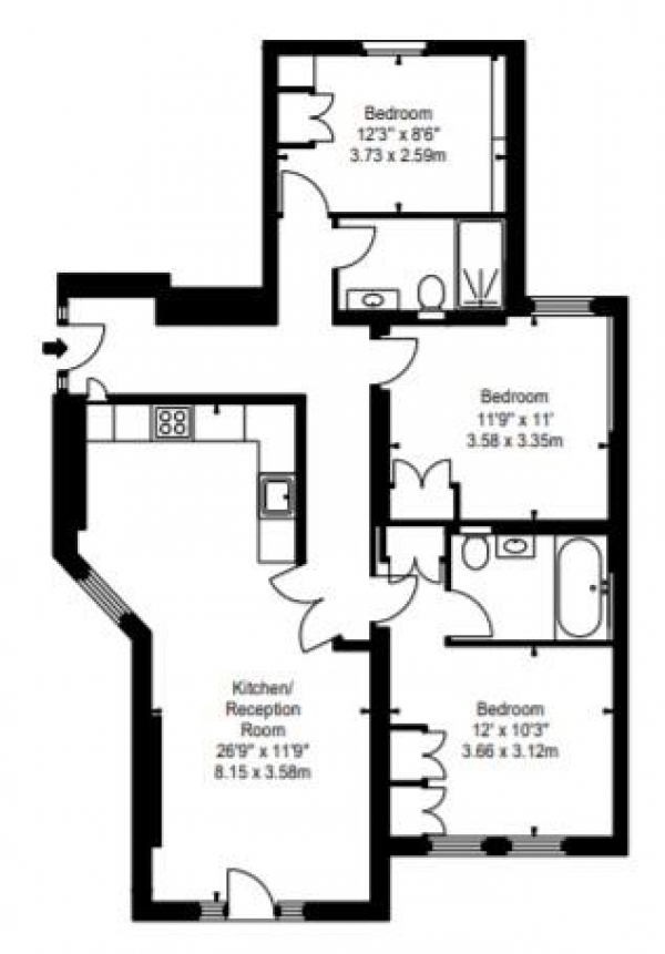 Floor Plan Image for 3 Bedroom Apartment to Rent in Hamlet Gardens, 290 King Street, Hammersmith