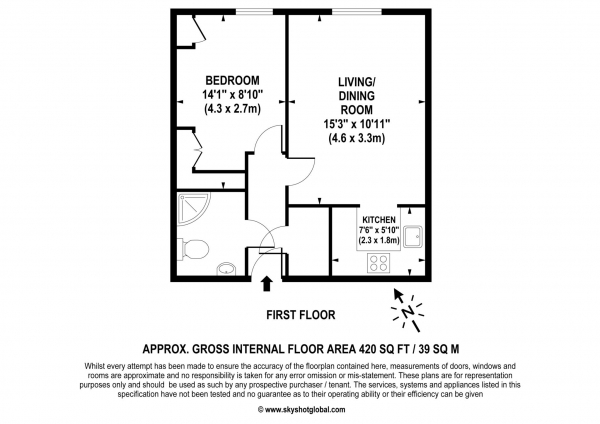 Floor Plan for 1 Bedroom Retirement Property for Sale in Clayton Road, Chessington, KT9, 1NS -  &pound125,000