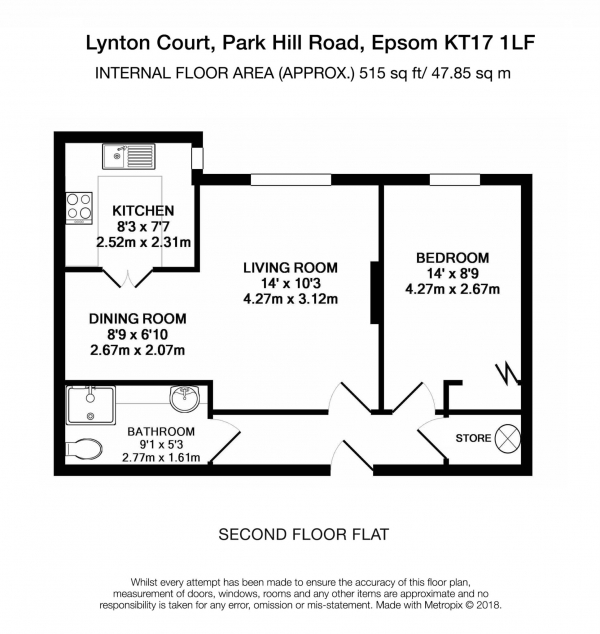 Floor Plan for 1 Bedroom Retirement Property for Sale in Lynton Court, Epsom, KT17, 1LF -  &pound135,000