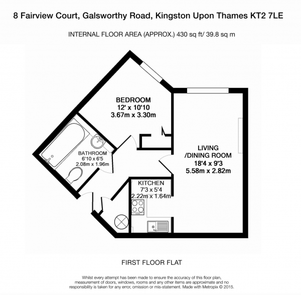 Floor Plan for 1 Bedroom Retirement Property for Sale in Fairview Court, Kingston Upon Thames, KT2, 7LE -  &pound195,000