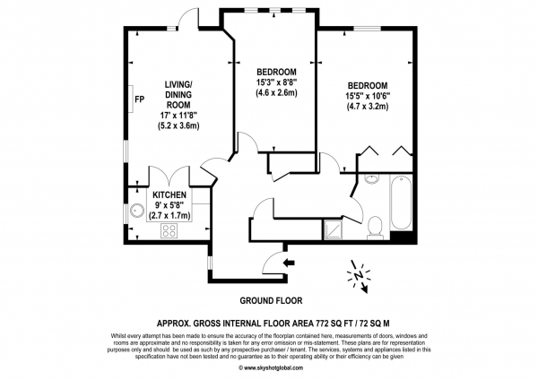 Floor Plan for 2 Bedroom Retirement Property for Sale in Calverley Court, Ewell, KT19, 0DP -  &pound300,000