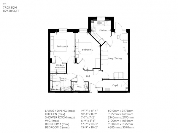 Floor Plan Image for 2 Bedroom Retirement Property for Sale in Campbell House, Weybridge