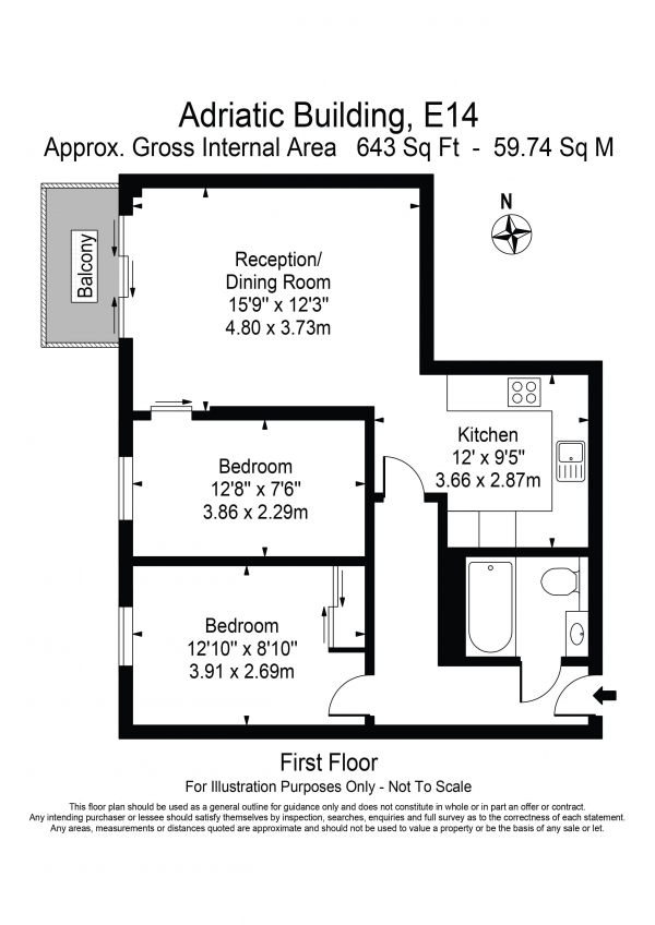 Floor Plan for 2 Bedroom Apartment for Sale in Adriatic Building Narrow Street E14, E14, 8DN -  &pound505,000