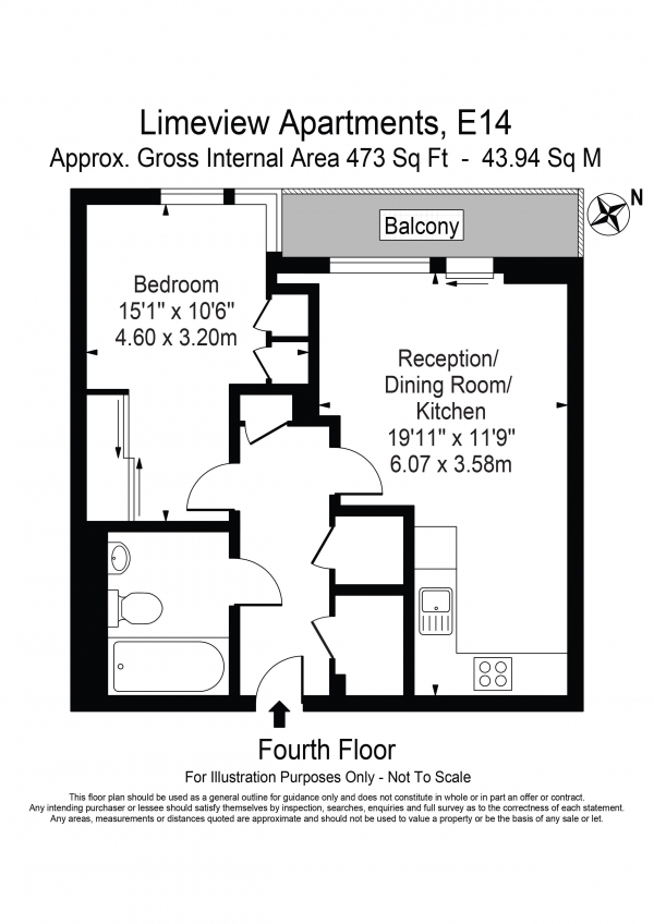 Floor Plan Image for 1 Bedroom Apartment to Rent in Limeview Apartments Limehouse E14