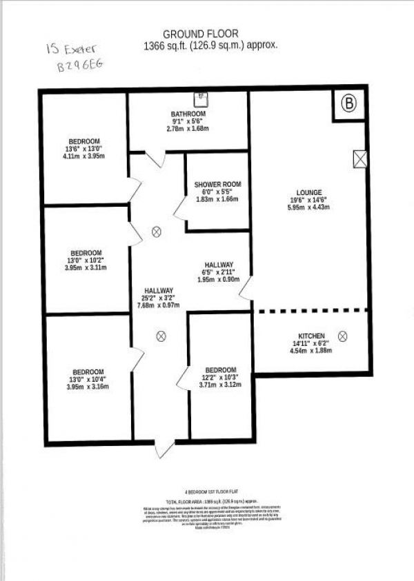 Floor Plan Image for 4 Bedroom Flat to Rent in Exeter Road, Birmingham. First Floor four bedroom purpose built flat.