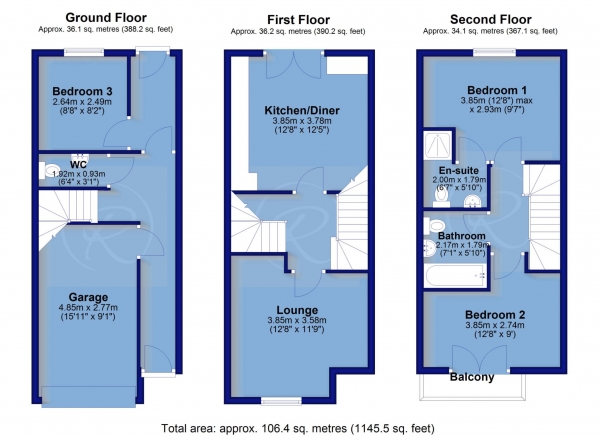 Floor Plan for 3 Bedroom Terraced House for Sale in Nelson Mews, Westward Ho!, Westward Ho!, EX39, 1GY -  &pound345,000