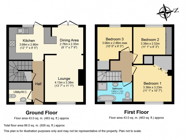 Floor Plan for 3 Bedroom Terraced House for Sale in Granville Close, Billericay, CM12, 0SZ -  &pound375,000