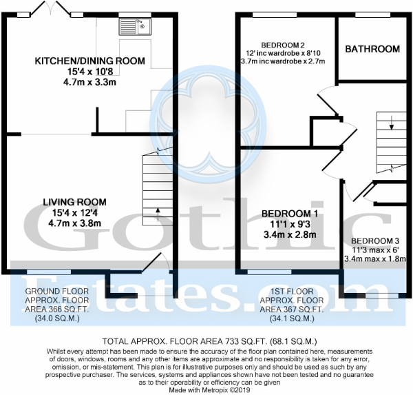 Floor Plan Image for 3 Bedroom Terraced House for Sale in Chase Hill Road, Arlesey, SG15 6UE